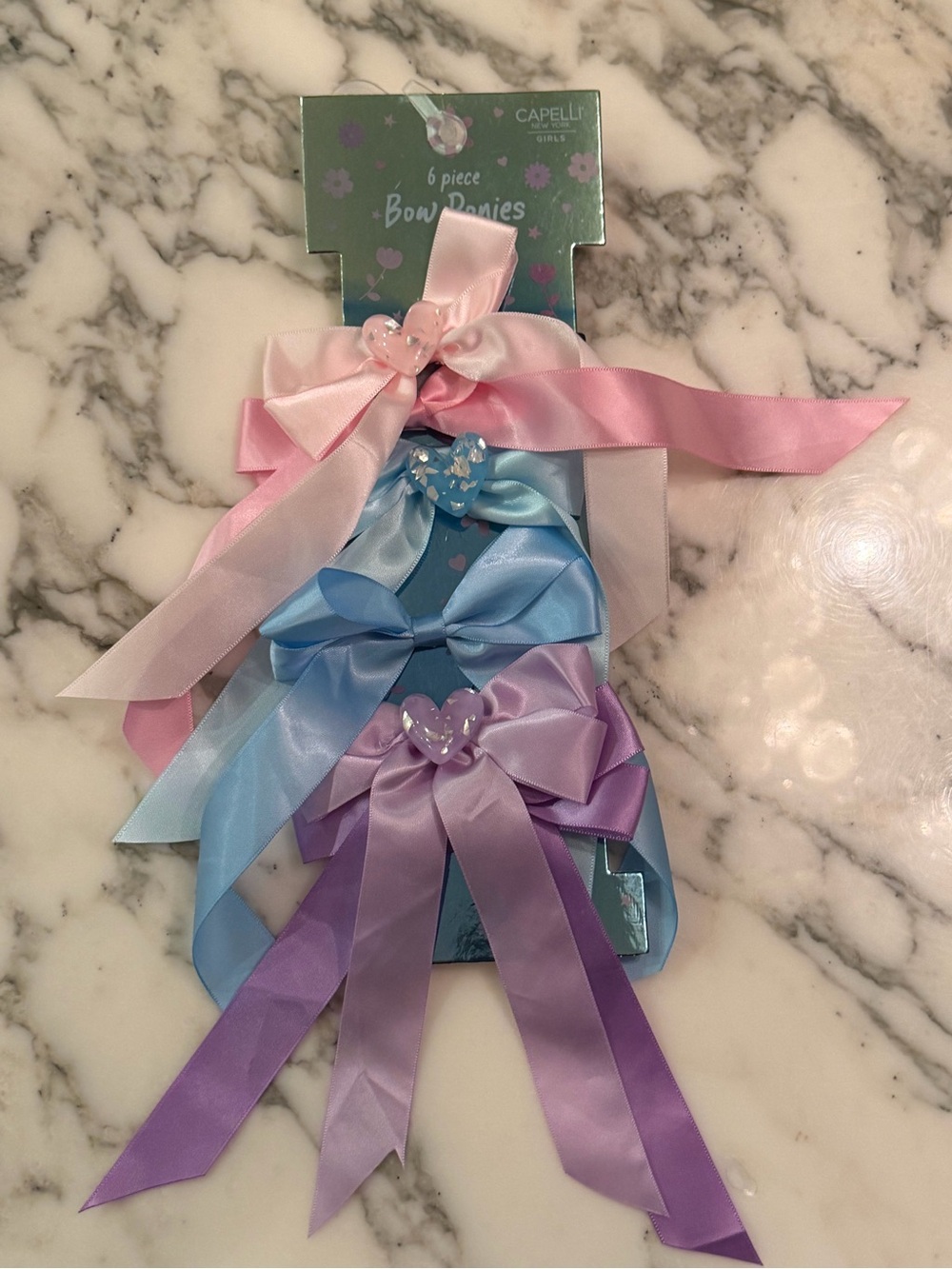NWT Capelli Girls 6pc Pastel Satin Bow Ponytail Holders Heart Hair Ties Set